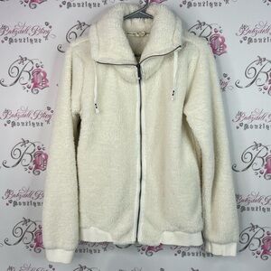 Roxy jacket furry fuzzy zip up coat Cream Teddy Jacket logo patch warm fuzz